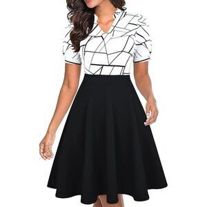 Women White+black Short Puff Sleeve Flare Semi-Formal Summer Dress With Pockets